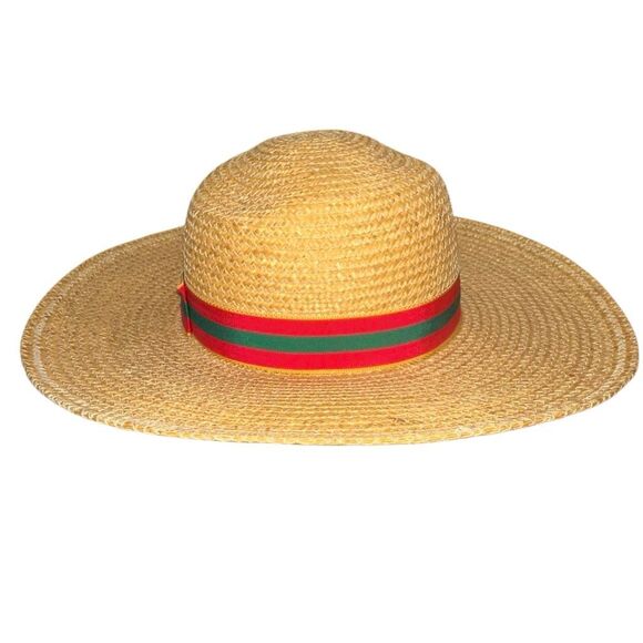 Vintage 80s Banana Republic Wide Brim Straw Raffia size S-M red, green, gold rib - Picture 7 of 10